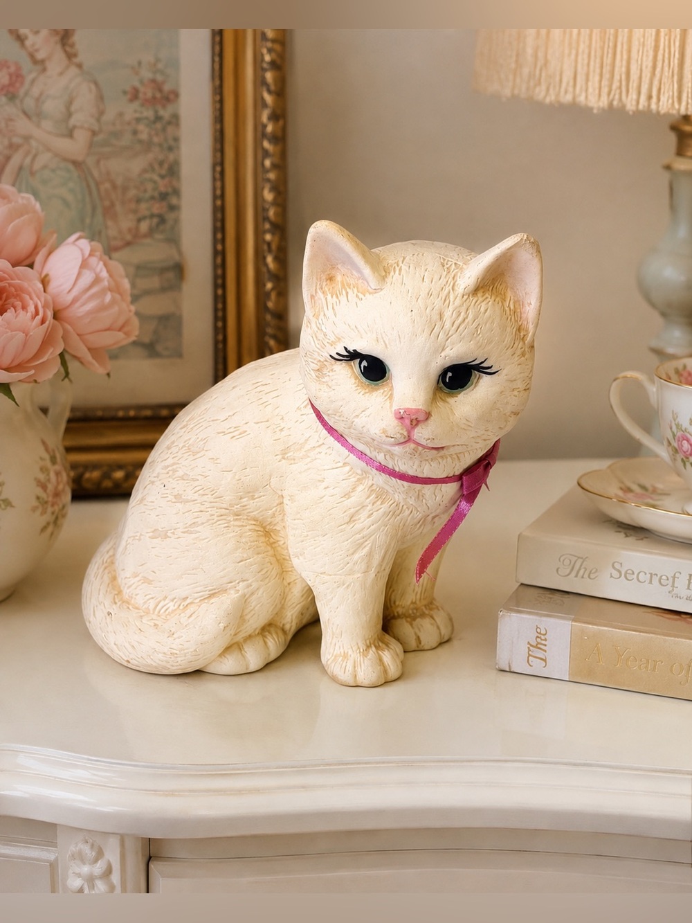 Vintage White Cat Figurine Pink Ribbon Big Eyes Cottagecore Kitty Decor